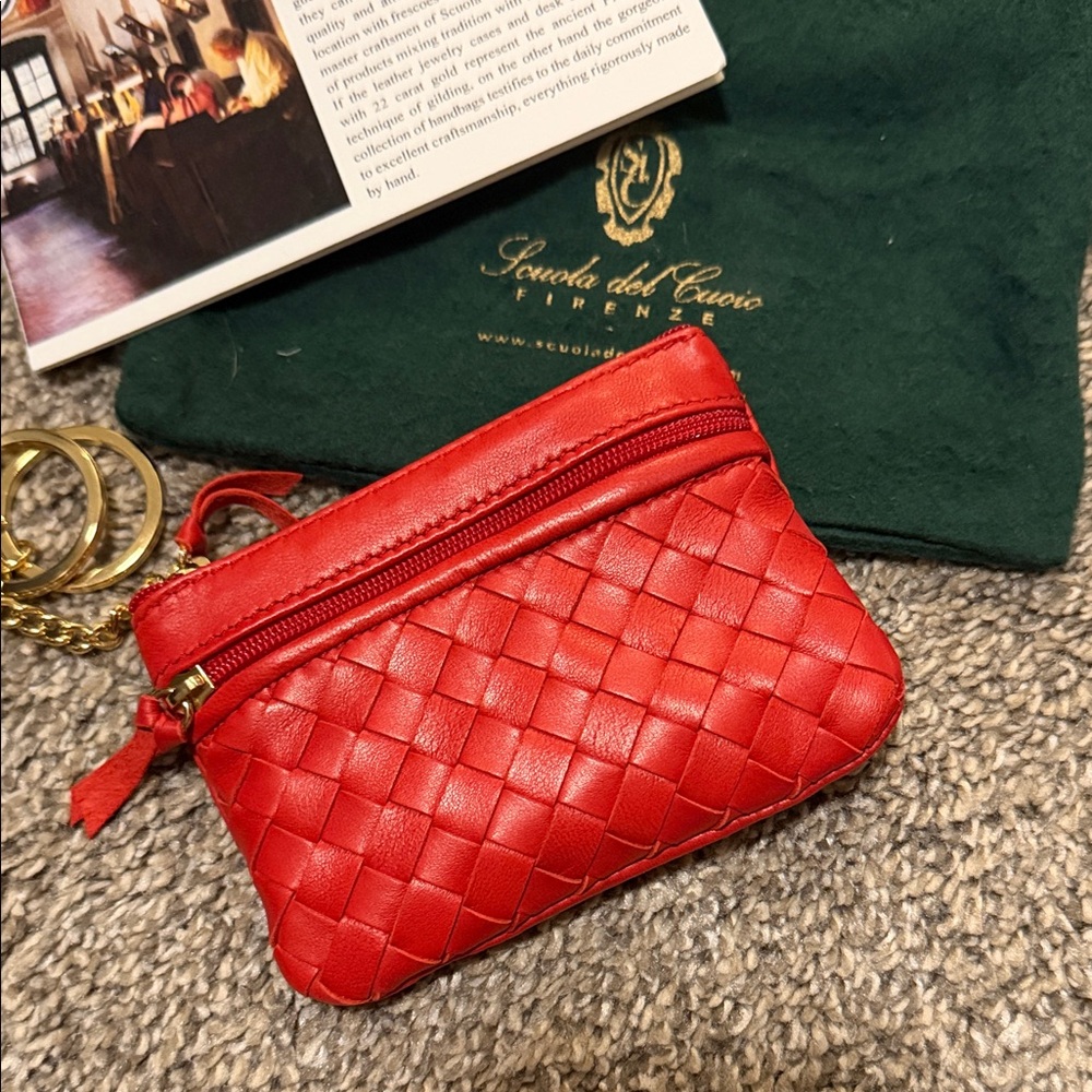 Red Leather Woven Pouch